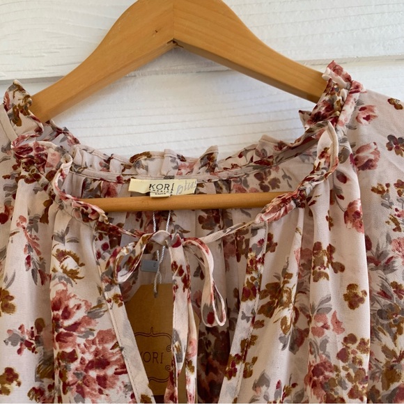 Kori Plus XL Floral smocked waist v neck flutter hem long sleeve mini dress - Picture 7 of 16